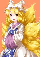 1_female 1draw_roid 1girl 6 animal_tail blonde_hair blush bonnet brown_eyes d danbooru danbooru-safebooru dress eyebrows eyebrows_visible_through_hair eyes_visible_through_hair female fox_girl fox_tail fringe gelbooru girl hair_between_eyes hands_in_opposite_sleeves hands_in_sleeves happy hat hat_with_ears high_resolution highres looking_at_viewer mature medium_hair multiple_tails open-mouth_smile open_mouth orange_background pillow_hat pov questionable ruu_(tksymkw) s safe safebooru short_hair simple_background single smile solo tabard tail tall_image touhou touhou_project white_dress wide_sleeves yakumo_ran わんどろいど アリス・マーガトロイド ナズーリン レミリア・スカーレット 八雲藍 多々良小傘 宮古芳香 東方 東方まとめ41 東風谷早苗 永江衣玖 秦こころ // 1000x1400 // 1.0MB