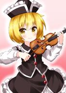 1girl bangs black_headwear black_skirt black_vest blonde_hair bow bow_(instrument) buttons closed_mouth cowboy_shot eyebrows_visible_through_hair female frilled_hat frilled_skirt frills gradient gradient_background hat highres holding holding_instrument instrument lolibooru long_sleeves looking_at_viewer lunasa_prismriver music pink_background playing_instrument ruu_(tksymkw) safe short_hair skirt skirt_set smile solo standing touhou touhou_project vest violin yellow_eyes // 1000x1400 // 798.0KB