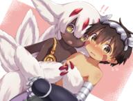 ! !! 1boy 1girl blush brown_eyes brown_hair clant_st claws dark-skinned_female dark-skinned_male dark_skin dutch_angle extra_arms facial_mark fang faputa fewer_digits hairband made_in_abyss mechanical_arms monster_girl navel open_mouth regu_(made_in_abyss) sensitive topless_male very_dark_skin white_fur // 1430x1097 // 1.2MB
