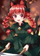 1girl animal_ears bell black_bow blurry blurry_background bow braid cat_ears cat_tail d depth_of_field dress extra_ears fire frills green_dress hair_bow highres holding jingle_bell kaenbyou_rin long_sleeves multiple_tails neck_bell nekomata one-hour_drawing_challenge open_mouth puffy_sleeves red_eyes red_hair ruu_(tksymkw) smile solo standing tail touhou twin_braids two_tails wheelbarrow wide_sleeves // 1000x1400 // 171.5KB