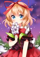 1girl back_bow bangs blonde_hair blue_eyes blurry blurry_background blush bow bowtie brown_shirt bushes closed_mouth clothing cloud cloudy_sky collared_shirt eyebrows_visible_through_hair eyes_visible_through_hair female flower frills hair_between_eyes hair_bow hair_ornament hand_up high_resolution leaf looking_to_the_side medicine_melancholy one-hour_drawing_challenge outdoors petals puffy_short_sleeves puffy_sleeves purple_flower purple_sky red_bow red_bowtie red_neckwear red_skirt ruu_(tksymkw) shirt short_hair short_sleeves skirt sky solo touhou touhou_project white_bow // 1000x1400 // 979.4KB