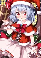 1girl bat_wings black_legwear blue_hair blush box capelet christmas christmas_lights dress eyebrows_visible_through_hair fur-trimmed_capelet fur_trim gift gift_box hair_between_eyes hat highres holding holding_gift lolibooru open_mouth pantyhose pink_dress pom_pom_(clothes) red_capelet red_eyes red_headwear remilia_scarlet ruu_(tksymkw) safe santa_hat short_hair solo touhou touhou_project wings wrist_cuffs // 1000x1400 // 991.9KB