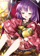 1girl bangs black_neckwear black_sash bowl bowl_hat closed_mouth eyebrows_visible_through_hair hat highres in_container japanese_clothes kimono leaf lolibooru long_sleeves miracle_mallet needle open_mouth purple_hair red_kimono ruu_(tksymkw) safe sash short_hair sleeping solo sukuna_shinmyoumaru touhou touhou_project wide_sleeves // 1000x1400 // 1.1MB