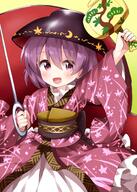 1girl bangs blush bowl bowl_hat cowboy_shot d frills hair_between_eyes hat highres holding holding_mallet holding_needle japanese_clothes kimono lolibooru long_sleeves looking_at_viewer mallet miracle_mallet needle obi one-hour_drawing_challenge open_mouth purple_eyes purple_hair ruu_(tksymkw) safe sash short_hair simple_background smile solo sukuna_shinmyoumaru touhou touhou_project wide_sleeves yellow_background // 1000x1400 // 1.0MB