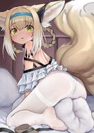 1girl adult animal_ears aori_(binnoaori) arknights ass bed bedroom between_legs blonde_hair blush braid caught clothed_masturbation clothing commentary crotch_rub crotch_seam feet female fox_ears fox_girl fox_tail from_behind green_eyes high_resolution highres indoors kitsunemimi legs legwear long_hair looking_at_viewer looking_back masturbation multiple_tails no_pants no_shoes off_shoulder open_mouth panties panties_under_pantyhose pantsu pantyhose pillow safe sensitive shirt sitting soles solo spread_legs straddling suzuran_(arknights) tail thighband_pantyhose thighs tied_hair toes twin_braids twintails underwear useless_tags white_legwear white_panties white_pantyhose white_shirt white_underwear // 1448x2048 // 270.9KB