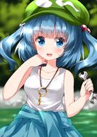 1girl bangs bare_shoulders blue_eyes blue_hair blue_jacket blurry blurry_background blush breasts collarbone eyes_visible_through_hair grass green_headwear hair_between_eyes hair_bobbles hair_ornament hand_on_own_face hands_up hat highres instrument jacket kawashiro_nitori key key_necklace leaf light long_sleeves looking_to_the_side medium_breasts one-hour_drawing_challenge open_mouth river ruu_(tksymkw) shadow shirt short_hair short_twintails sleeveless sleeveless_shirt smile solo standing sweat sweatdrop t-shirt touhou tree twintails water white_shirt wrench // 1000x1400 // 1.0MB