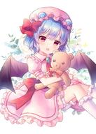 1girl ascot bangs bat_wings blue_hair bow dress eyebrows_visible_through_hair hair_bow hat holding holding_stuffed_toy lolibooru looking_at_viewer mob_cap open_mouth pink_dress pink_headwear pjrmhm_coa puffy_short_sleeves puffy_sleeves red_ascot red_bow red_eyes remilia_scarlet safe short_hair short_sleeves solo stuffed_animal stuffed_toy teddy_bear touhou touhou_project white_background white_legwear wings // 715x1000 // 115.4KB