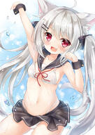 1girl ahoge animal_ear_fluff animal_ears arm_up bikini bikini_under_clothes blue_skirt breasts cat_ears cat_tail cloud clouds fang hair_ornament hairclip highres kata_rosu long_hair microskirt navel open_mouth original outdoors red_eyes ribbon safe sailor_collar silver_hair skirt sky small_breasts smile solo swimsuit tail thighs white_bikini wind wind_lift wrist_cuffs // 878x1239 // 782.9KB