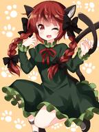 1_female 1girl ;d animal_ears animal_tail black_bow black_footwear blush bow braid braid_(braids) breasts cat_ears cat_tail claw_pose commentary_request dress ears eyebrows eyes_visible_through_hair fang fang_(fangs) female frilled_dress frills girl green_dress hair_bow hair_ornament high_resolution highres juliet_sleeves jumping kaenbyou_rin long_hair long_sleeves looking_at_viewer mature medium_breasts multiple_tails neck_ribbon nekomata one_eye_closed open_mouth orange_background paw_background paw_print pov puffy_sleeves red_eyes red_hair red_neckwear red_ribbon ribbon ribbon_(ribbons) ruu_(tksymkw) safe shoes short_hair simple_background single smile solo tail tall_image tied_hair touhou twin_braids twintails two_tails wide_sleeves // 1000x1333 // 725.6KB