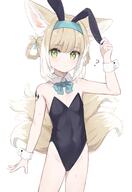 1 1girl 2d_art ? animal_ear_fluff animal_ears aqua_hairband arknights bangs bare_shoulders black_leotard blonde_hair blue_bow blue_bowtie blue_hairband blue_neckwear bow bowtie bunny_ears bunny_girl clavicle clothing collar collarbone commentary commentary_request covered_navel cowboy_shot crotch detached_collar extra_ears eyebrows_visible_through_hair fake_animal_ears female flat_chest fox_ears fox_girl fox_tail green_eyes groin hair_rings hairband hawawa highleg highleg_leotard kitsune kitsunemimi leotard loli lolibooru looking_at_viewer medium_hair multicolored_hair multicoloured_hair multiple_tails no_bra oripathy_lesion_(arknights) pettanko pixiv_41989573 pixiv_94101307 playboy_bunny q questionable rabbit_ears s safe sankaku sensitive simple_background solo standing strapless strapless_leotard streaked_hair suzuran_(arknights) sweat tail twitterまとめ2 user_gfjp8448 white_background white_collar white_hair wrist_cuffs がちがち アークナイツ スズラン(アークナイツ) 铃兰 // 1851x2683 // 287.4KB