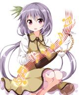 1_female beamed_semiquavers beamed_sixteenth_notes blush brown_dress chain crotchet dress eighth_note female flower frilled_dress frills fringe girl hair_flower hair_ornament instrument long_hair long_ponytail long_sleeves looking_away lute_(instrument) mature musical_note open_mouth ponytail purple_eyes purple_hair quarter_note quaver ribbon ruu_(tksymkw) safe shirt side_glance sideways_glance simple_background single sitting sleeveless sleeveless_dress smile solo split_ponytail squatting tall_image tied_hair touhou treble_clef tsukumo_benben white_background white_shirt // 840x1000 // 519.6KB