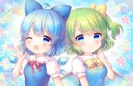 2girls blue_bow blue_dress blue_eyes blue_hair blush bow cirno closed_mouth collared_shirt crescent daiyousei detached_wings dress eyebrows_visible_through_hair fairy fairy_wings green_hair hair_between_eyes hair_bow ice ice_wings lolibooru long_hair multiple_girls one_eye_closed open_mouth pjrmhm_coa puffy_short_sleeves puffy_sleeves safe shirt short_hair short_sleeves side_ponytail smile star_(symbol) touhou touhou_project upper_body white_shirt wings // 1000x644 // 125.7KB