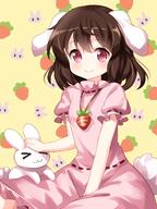 1_female 1girl 3 >_< animal animal_ears animal_tail blush brown_hair bunny bunny_ears bunny_girl bunny_tail carrot carrot_necklace dress ears eyebrows eyebrows_visible_through_hair female floppy_ears fringe girl hair_between_eyes headpat high_resolution highres inaba inaba_mob_(touhou) inaba_tewi jewelry lagomorph looking_at_viewer mammal mature medium_hair necklace pendant petting pink_dress pov puffy_sleeves rabbit rabbit_girl red_eyes ribbon-trimmed_dress ruu_(tksymkw) safe short_hair short_sleeves simple_background single sitting smile solo tail tall_image touhou vegetable vegetables x3 // 1000x1333 // 658.2KB