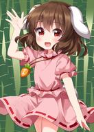 1girl animal_ears arm_up bamboo bamboo_forest bangs belt blush brown_hair bunny_ears carrot_necklace d dress eyebrows_visible_through_hair forest hair_between_eyes hand_up highres inaba_tewi jewellery lolibooru nature necklace one-hour_drawing_challenge open_mouth pink_dress puffy_short_sleeves puffy_sleeves rabbit_tail red_belt red_eyes ruu_(tksymkw) safe short_hair short_sleeves smile solo tail touhou touhou_project // 1000x1400 // 855.5KB