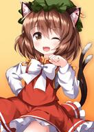 1girl ;d animal_ear_fluff bow bowtie brown_eyes brown_hair cat_tail chen cowboy_shot fang hand_up hat highres looking_at_viewer mob_cap multiple_tails nekomata one-hour_drawing_challenge one_eye_closed open_mouth paw_pose ruu_(tksymkw) safe short_hair simple_background smile solo tail touhou touhou_project two_tails white_bow white_bowtie // 1000x1400 // 922.2KB