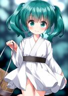 1girl blush bucket closed_mouth commentary_request green_eyes green_hair hair_between_eyes hair_bobbles hair_ornament highres holding holding_bucket japanese_clothes kimono kisume long_sleeves ruu_(tksymkw) short_hair smile solo touhou twintails white_kimono wide_sleeves // 1000x1400 // 975.3KB