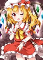 1girl ;d ascot bangs blonde_hair bow bowtie brown_background cowboy_shot cross-laced_clothes crystal d eyebrows_visible_through_hair finger_to_mouth flandre_scarlet hair_between_eyes hat hat_bow highres lolibooru long_hair looking_at_viewer mob_cap one_eye_closed one_side_up open_mouth red_bow red_eyes red_skirt red_vest ruu_(tksymkw) safe shirt side_ponytail skirt smile solo standing touhou touhou_project vest white_headwear white_shirt wings wrist_cuffs yellow_bow yellow_neckwear // 1000x1400 // 1.1MB