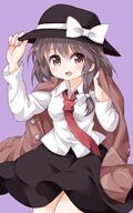 adjusting_hat black_skirt blush bow brown_eyes brown_hair buttons cloak clothes_on_shoulders d fringe girl hair_between_eyes hair_bow hat hat_ribbon long_hair looking_at_viewer necktie open_mouth purple_background ruu_(tksymkw) shirt simple_background single skirt tall_image touhou usami_renko white_shirt // 800x1280 // 534.1KB