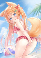 1girl animal_ear_fluff animal_ears ass bangs bikini blue_eyes blue_sky blush bow cameltoe clothing cloud cloudy_sky covering covering_ass cowboy_shot day eyebrows_visible_through_hair eyes_visible_through_hair female fox_ears fox_girl fox_tail frilled_bikini frilled_swimsuit frills hair_between_eyes hair_bow hair_ornament hair_over_shoulder hairclip high_resolution highres kata_rosu kitsunemimi lamina long_hair looking_at_viewer looking_back open_mouth orange_hair original outdoors palm_tree pink_bikini pink_swimsuit questionable raised_tail red_bow safe siunaus0421 sky solo splashing swimsuit tail tail_raised tied_hair tree twintails very_long_hair water どこ見てるの！ オリジナル 剥ぎ取りたいパンツ 女の子 水着 狐耳 // 1003x1416 // 1016.4KB
