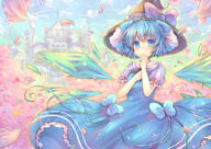 1_female 1girl ahoge alternate_headwear bad_id bad_pixiv_id blue_dress blue_eyes blue_hair blue_sky blush bow castle church cirno cloud dress embellished_costume female girl hair_bow hair_bun hand_on_own_chest hand_to_own_mouth hat hat_bow ice ice_wings looking_at_viewer matching_haireyes mature petals pjrmhm_coa puffy_sleeves safe shirt short_hair short_sleeves single sky solo touhou wings witch_hat // 1000x706 // 132.4KB