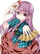 1_female 1girl bad_id bad_twitter_id blush bow bubble_skirt checkered_shirt fan female folding_fan fox_mask fringe from_above girl hata_no_kokoro long_hair long_sleeves looking_at_viewer mask mask_on_head mature mouth_mask o open_mouth outstretched_arm pink_eyes pink_hair plaid plaid_shirt pov purple_eyes purple_hair ruu_(tksymkw) safe shirt short_hair simple_background single skirt solo tall_image touhou very_long_hair white_background // 727x1000 // 530.5KB