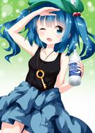 1_female 1girl ;d anime-pictures.net arm_up bangs bare_arms bare_shoulders black_tank_top blue_eyes blue_hair blue_jacket blue_skirt blush bodily_fluids bottle brand_name_imitation breasts cabbie_hat clothes_around_waist collarbone commentary_request cowboy_shot danbooru eyebrows eyebrows_visible_through_hair female flat_cap girl gradient gradient_background green_background green_headwear hair_bobbles hair_ornament hand_up hat headwear high_resolution highres holding holding_bottle jacket jacket_around_waist kawashiro_nitori key logo_parody looking_at_viewer medium_breasts one_eye_closed open_mouth pocari_sweat pouch pov ruu_(tksymkw) safe salute short_hair sidelocks simple_background single skirt sleeveless smile solo standing sweat tall_image tank_top thighs touhou two_side_up water_bottle white_background // 1000x1400 // 877.0KB