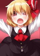 1girl arms_up bangs black_skirt black_vest blonde_hair collar eyebrows_behind_hair eyebrows_visible_through_hair eyes_visible_through_hair hair_between_eyes hair_ribbon hands_up highres lolibooru long_sleeves looking_at_viewer open_mouth red_background red_eyes red_neckwear red_ribbon ribbon rumia ruu_(tksymkw) safe shirt short_hair skirt solo touhou touhou_project vest white_collar white_shirt white_sleeves // 1000x1400 // 627.0KB