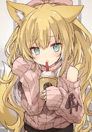 1girl 2d_art animal_ear_fluff animal_ears bangs bare_shoulders black_pants blonde_hair bow brown_sweater clothing_cutout commentary_request cup disposable_cup drinking_straw fox_ears fox_girl fox_tail fuwafuwa-chan_(kamiyoshi_rika) general green_eyes hair_bow hand_up holding holding_cup kamiyoshi kamiyoshi_rika long_hair long_sleeves o original pants parted_lips pink_bow pixiv_3650 pixiv_94553078 ponytail ribbed_sweater rikak sensitive shoulder_cutout sleeves_past_fingers sleeves_past_wrists solo sweat sweater tail very_long_hair ふわふわちゃんがカフェに誘ってくれたよ オリジナル 女の子 狐耳 神吉李花 // 834x1194 // 203.1KB