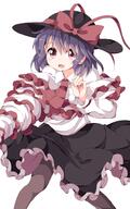 1_female black_legwear black_skirt bow capelet d female frills from_above girl hat hat_bow hat_ribbon legwear looking_at_viewer nagae_iku neckerchief necktie open_mouth pantyhose pink_eyes purple_hair ribbon_(ribbons) ruu_(tksymkw) safe short_hair simple_background single skirt smile solo tall_image touhou weapon white_background // 625x1000 // 316.6KB