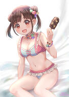 1girl bangs bikini blush bracelet breasts brown_eyes brown_hair cleavage collarbone commentary_request d double_bun food frilled_bikini frills hair_ornament hand_up highres holding holding_food ice_cream idolmaster idolmaster_shiny_colors jewelry looking_at_viewer medium_breasts navel necklace open_mouth safe short_hair sitting smile solo sonoda_chiyoko soramame_tomu stomach swimsuit swimwear twintails // 1032x1457 // 1.5MB