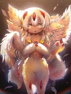 1girl claws extra_arms faputa feathered_wings fewer_digits hair_between_eyes highres looking_at_viewer made_in_abyss monster_girl navel open_mouth own_hands_together shuaidianwang solo standing white_fur white_hair wings yellow_eyes // 941x1254 // 227.8KB