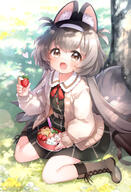 1girl animal_ear_fluff animal_ears bento black_dress boots brown_eyes brown_footwear cardigan child commission dress eyebrows_visible_through_hair fang female_child food fox_ears fox_girl fox_tail from_above fruit general grey_hair hairband highres kito_(sorahate) long_hair looking_up open_mouth original outdoors sitting skeb_commission smile solo strawberry tail tree white_cardigan // 945x1385 // 220.6KB