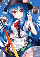 1girl bangs black_headwear blue_hair blue_skirt bow breasts center_frills cloud clouds commentary_request cowboy_shot day eyebrows_visible_through_hair floating_island food frills fruit hair_between_eyes hand_up hat highres hinanawi_tenshi lolibooru long_hair looking_at_viewer one-hour_drawing_challenge outdoors peach petticoat puffy_short_sleeves puffy_sleeves red_bow red_eyes red_neckwear ruu_(tksymkw) safe shirt short_sleeves skirt sky small_breasts solo sword_of_hisou touhou touhou_project very_long_hair white_shirt wind wind_lift // 1000x1400 // 1.0MB