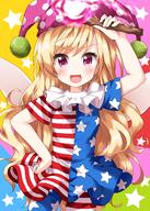 1girl american_flag_dress american_flag_legwear bangs blonde_hair clownpiece cowboy_shot d dress eyebrows_visible_through_hair hand_on_hip hat highres holding holding_torch jester_cap lolibooru long_hair looking_at_viewer multicolored multicolored_background multicoloured neck_ruff open_mouth pantyhose pink_eyes pink_headwear polka_dot_headwear ruu_(tksymkw) safe short_sleeves smile solo standing star_(symbol) star_print starry_background striped striped_dress striped_legwear torch touhou touhou_project v-shaped_eyebrows // 1000x1400 // 1012.3KB