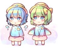2girls blue_eyes blue_hair blush_stickers cirno closed_mouth d5a24deb-c2d5-4f6b-9937-917b0593b686 daiyousei detached_wings eyebrows_visible_through_hair fairy fairy_wings full_body green_hair hair_between_eyes hat ice ice_wings kindergarten_uniform lolibooru long_hair long_sleeves multiple_girls open_mouth pink_skirt pixiv_2520711 pjrmhm_coa safe school_hat short_hair side_ponytail simple_background skirt smile touhou touhou_project white_background wings yellow_headwear younger ビキニな差分psd！ // 874x720 // 415.4KB