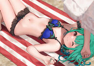 1girl ;) aqua_hair arm_garter arm_up armpits beach_towel beach_umbrella bikini blue_bikini blue_hair blush breasts cleavage closed_mouth collarbone commentary commentary_request day earrings english_commentary feet_out_of_frame frilled_bikini frills from_above hand_on_forehead hololive jewellery jewelry knees_up lolibooru looking_at_viewer looking_up mashiro_chun multicolored_hair multicoloured_hair navel one_eye_closed outdoors red_eyes safe sand sensitive skull skull_earrings smile solo stomach swimsuit towel two-tone_hair umbrella uruha_rushia virtual_youtuber // 1684x1191 // 1.3MB