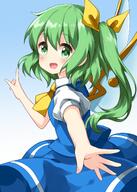 1girl ascot bangs blue_background blue_dress collared_shirt daiyousei dress eyebrows_visible_through_hair fairy_wings female from_side gradient gradient_background green_eyes green_hair hair_ribbon highres lolibooru looking_at_viewer medium_hair open_mouth pointing puffy_short_sleeves puffy_sleeves ribbon ruu_(tksymkw) safe shirt short_sleeves side_ponytail smile solo standing touhou touhou_project white_shirt wings yellow_ascot yellow_neckwear yellow_ribbon // 1000x1400 // 753.6KB