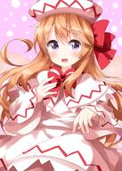 1girl bangs blonde_hair bow cape dress eyebrows_visible_through_hair fairy_wings hair_between_eyes hair_bow hands_up hat highres lily_white lolibooru long_hair long_sleeves looking_to_the_side open_mouth pink_background purple_eyes red_bow red_neckwear ruu_(tksymkw) safe smile solo touhou touhou_project white_cape white_dress white_headwear white_sleeves wide_sleeves wings // 1000x1400 // 893.6KB