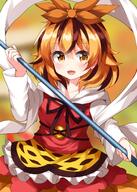 1girl animal_print black_hair blonde_hair blush clavicle clothing dress female hagoromo hair_between_eyes high_resolution holding holding_polearm holding_weapon long_sleeves multicolored_hair open_mouth orange_skirt polearm red_dress ruu_(tksymkw) shawl short_hair skirt smile solo spear striped tiger_print toramaru_shou touhou touhou_project two-tone_hair weapon yellow_eyes // 1000x1400 // 1.0MB