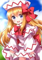 1girl blonde_hair blue_eyes blush capelet cowboy_shot dress eyebrows_visible_through_hair fairy fairy_wings hair_between_eyes hat highres lily_white long_hair long_sleeves open_mouth round_teeth ruu_(tksymkw) solo teeth touhou touhou_project upper_teeth white_capelet white_dress white_headwear wide_sleeves wings // 1000x1400 // 944.0KB