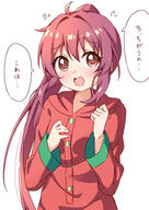 1girl ahoge blush brown_eyes commentary eyebrows_visible_through_hair haru_(konomi_150) highres konomi_150 looking_at_viewer open_mouth pajamas ponytail purple_hair safe shiny shiny_hair simple_background solo sugiura_ayano tomato_costume translated translation_request upper_body white_background yuru_yuri // 1004x1416 // 1.1MB