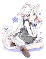 1girl amimi animal_ears blush cat_ears cat_tail commission grey_eyes grey_hair highres long_hair looking_at_viewer original ribbon safe shoes sitting skeb_commission solo star_(symbol) tail uwu wariza waving_arm white_hair // 1259x1621 // 821.9KB