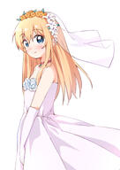 1girl blonde_hair blue_eyes blush breasts bridal_veil bride closed_mouth commentary dress elbow_gloves eyebrows_visible_through_hair flower gloves hair_flower hair_ornament haru_(konomi_150) highres jewelry konomi_150 kyoko66 lily_(flower) long_hair looking_at_viewer necklace safe shiny shiny_hair simple_background small_breasts smile solo toshinou_kyouko veil wedding_dress white_background white_gloves yuru_yuri はる ゆるゆり ゆるゆり100users入り 歳納京子 花嫁京子。 落書き // 1004x1416 // 431.2KB