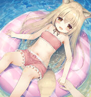 1girl 1other 2d_art animal_ear_fluff animal_ears bikini bikini_skirt blush brown_eyes brown_hair commission dog_ears dog_girl dog_tail fang floating gelbooru highres holding_hands innertube long_hair looking_at_viewer lying miniskirt navel on_back open_mouth original outdoors partially_submerged pink_bikini pink_skirt pixiv_942719 pixiv_98474050 pixiv_request pov psyche3313 psyche47 safe sensitive skirt solo solo_focus swimsuit tail tears thighs water グッズになって届いちゃう2022gw プシュケー ロリ 主様、手を離してはならぬのじゃ // 1213x1284 // 1.0MB