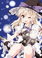 1_female 1girl apron bad_id bad_twitter_id black_dress blonde_hair blush bobby_socks bow braid braid_(braids) broom broom_riding brown_eyes buttons dress female flying fringe girl hair_bow hair_ornament hat hat_bow kirisame_marisa long_hair looking_at_viewer magic master_spark mini-hakkero one_eye_closed open_mouth outstretched_arm puffy_short_sleeves puffy_sleeves ruu_(tksymkw) safe sash shirt short_sleeves side_braid single single_braid sitting skirt skirt_set socks solo tall_image tied_hair touhou vest waist_apron wink witch witch_hat yellow_eyes // 722x1000 // 557.6KB