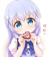 1girl araki495 bangs blue_bow blue_eyes blue_hair blue_vest blush bow candy chocolate chocolate_heart closed_mouth collared_shirt commentary_request dress_shirt eyebrows_visible_through_hair food food_in_mouth gochuumon_wa_usagi_desu_ka gochuumon_wa_usagi_desu_ka? hair_between_eyes hair_ornament hands_up heart heart-shaped_chocolate holding holding_food kafuu_chino lolibooru long_hair looking_at_viewer puffy_short_sleeves puffy_sleeves rabbit_house_uniform revision safe shirt short_sleeves solo translation_request uniform upper_body vest waitress white_shirt x_hair_ornament yes // 599x687 // 331.2KB