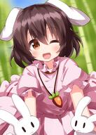 1girl animal animal_ears black_hair blush bunny bunny_ears carrot_necklace dress eyebrows_visible_through_hair frilled_sleeves frills hair_between_eyes highres inaba_tewi jewellery necklace one_eye_closed open_mouth orange_eyes pink_dress puffy_short_sleeves puffy_sleeves ruu_(tksymkw) short_hair short_sleeves smile solo touhou touhou_project upper_body // 1000x1400 // 900.8KB