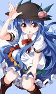 1_female 1girl arm_up blue_background blue_hair blush boots brown_eyes d dress female food footwear fringe from_above fruit girl hair_between_eyes hand_on_own_thigh happy hat high_resolution highres hinanawi_tenshi knee_boots knees long_hair looking_at_viewer looking_away mature one_arm_up open_hand open_mouth peach pov puffy_short_sleeves puffy_sleeves red_eyes ribbon ruu_(tksymkw) safe shirt short_sleeves simple_background single sitting skirt smile solo tall_image touhou tsurukou very_long_hair waving // 713x1200 // 522.5KB