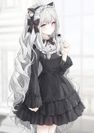 1girl animal_ears anime-pictures.net black_bow black_dress black_nails blue_eyes blunt_bangs blush bow bowtie candy cat_ears collared_dress dress expressionless fake_animal_ears food frilled_dress frills fringe girl goth-loli gothic_lolita grey_hair hair_bow hand_up headdress heterochromia highres lolita_fashion lollipop long_hair long_sleeves looking_at_viewer nail_polish nekomimi original pink_eyes purple_eyes ronopu safe silver_hair single solo standing sweets tall_image very_long_hair violet_eyes wavy_hair // 1500x2122 // 703.3KB