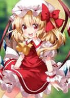 1girl ascot bangs blonde_hair blouse blurry blurry_background blush bow crystal d eyebrows_visible_through_hair flandre_scarlet hair_between_eyes happy hat hat_bow highres lolibooru long_hair looking_at_viewer mob_cap open_mouth petticoat puffy_short_sleeves puffy_sleeves red_bow red_eyes red_ribbon red_skirt red_vest ribbon round_teeth ruu_(tksymkw) safe shirt short_sleeves skirt skirt_set smile solo teeth touhou touhou_project upper_teeth vest white_headwear white_shirt wings wrist_cuffs // 1000x1400 // 1.1MB